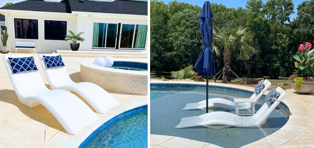 a pool with a pool umbrella and a pool with a pool and a house