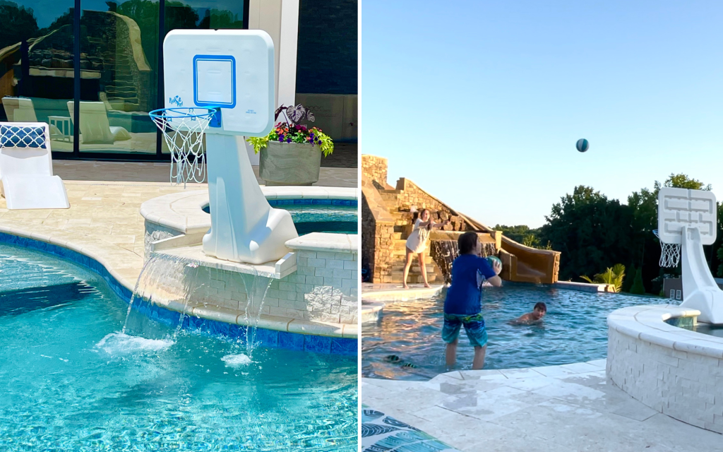 a collage of a pool and a basketball hoop