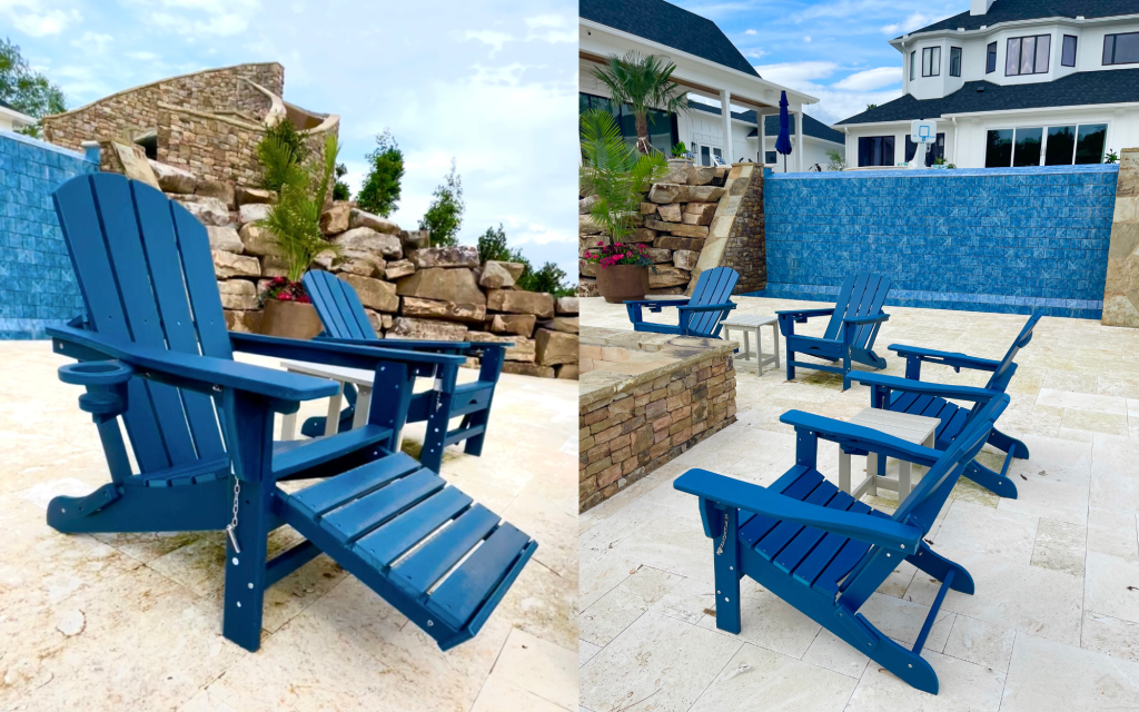 a group of blue chairs on a patio