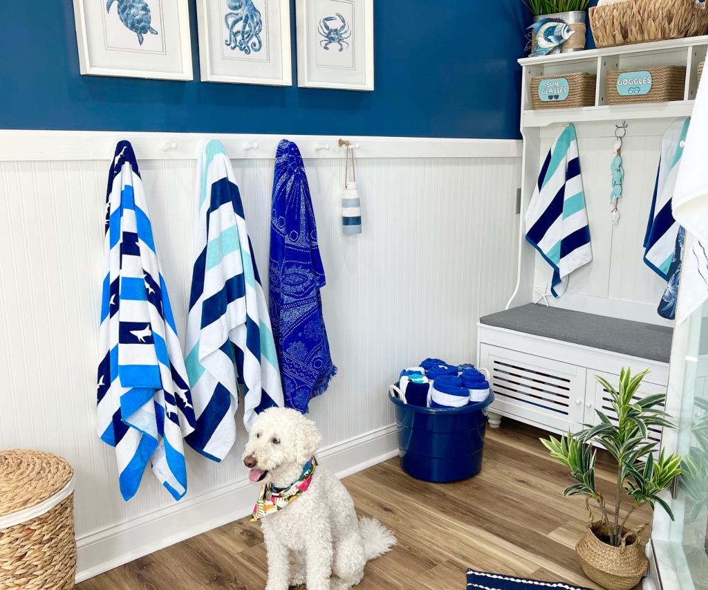 a dog sitting on the floor in a room with towels