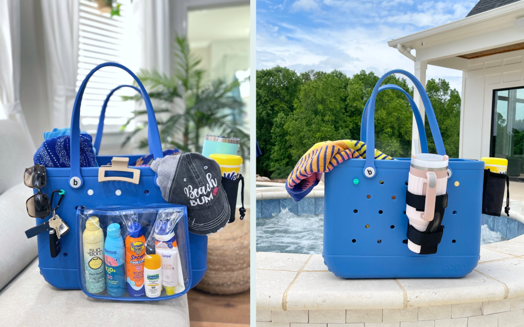 a blue bag with a beach bag inside
