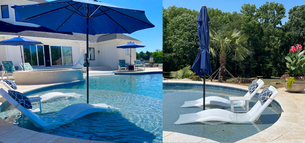 a pool with umbrellas and a deck chair