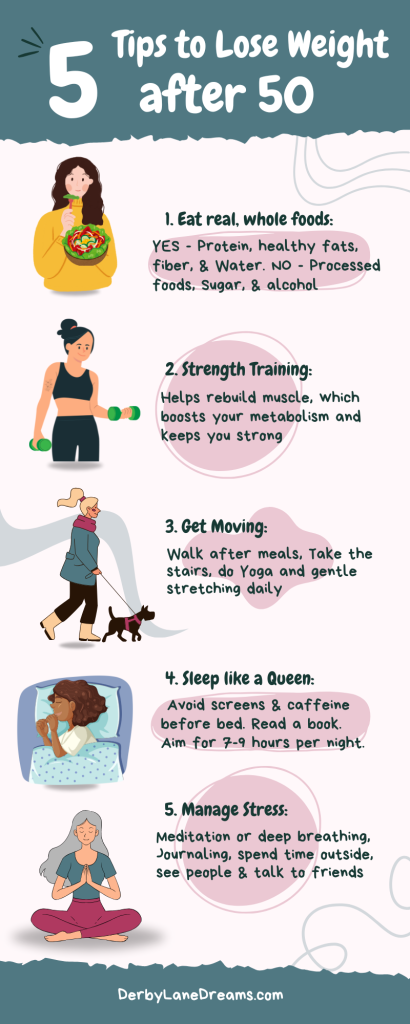 a woman with dumbbells and a dog walking with text