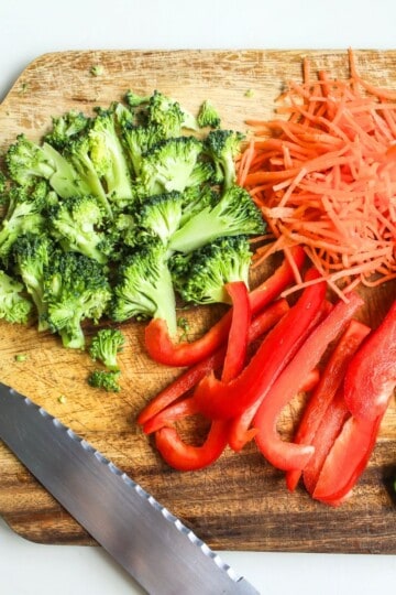 Meal Prep 101, chopped vegetables on a wooden board with knife