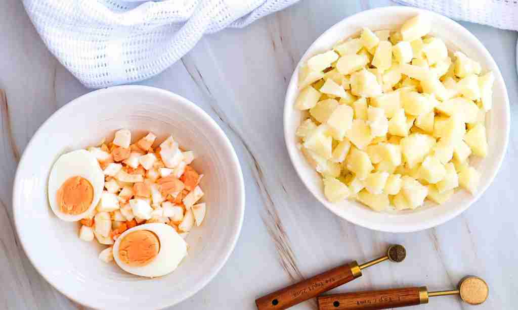 Combine ingredients a bowl of food on a table