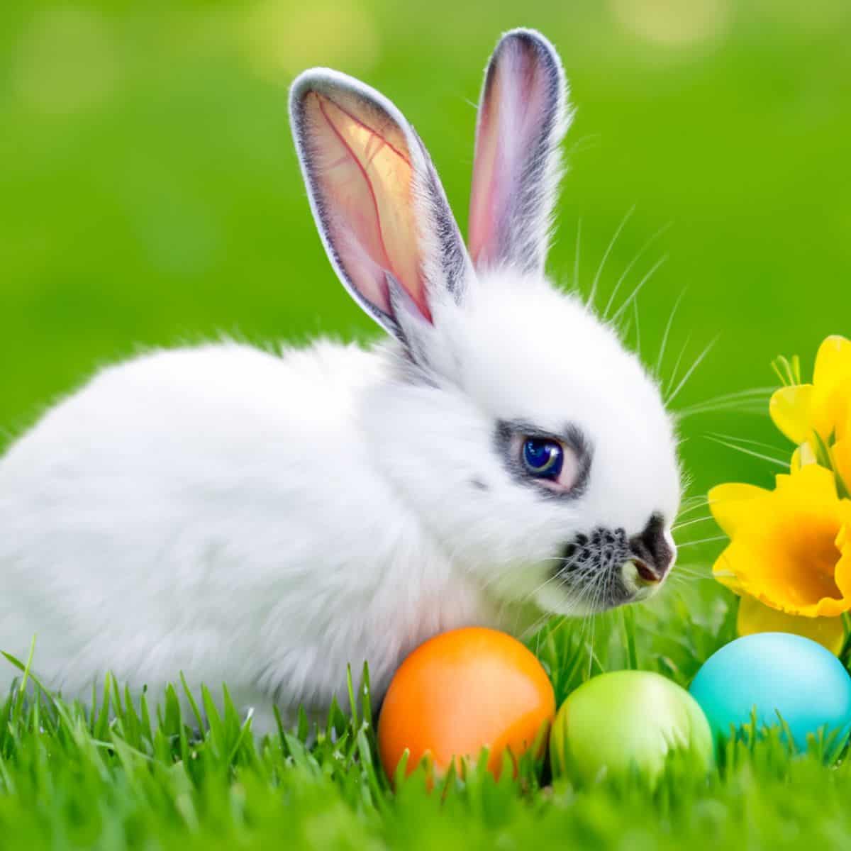 Easter Books for Kids, Easter bunny with colored eggs in the grass