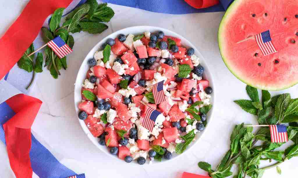 Chill and serve a bowl of watermelon salad with blueberries and feta cheese