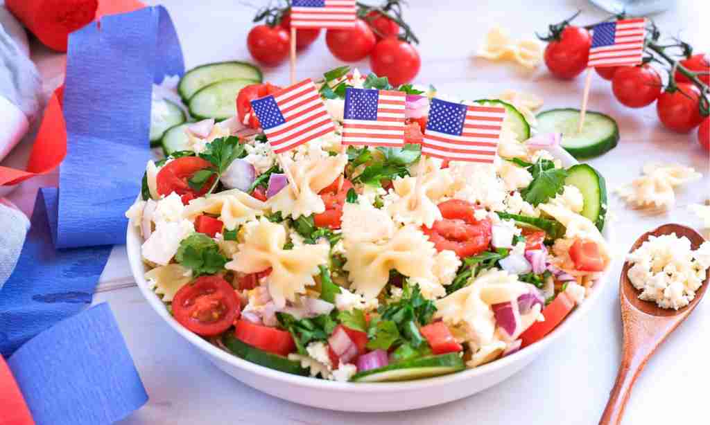 Simple Pasta Salad Recipe Simple Pasta Salad, a bowl of pasta salad with small flags