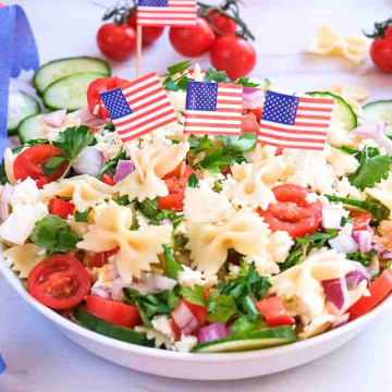 Simple Pasta Salad, a bowl of pasta salad with small flags