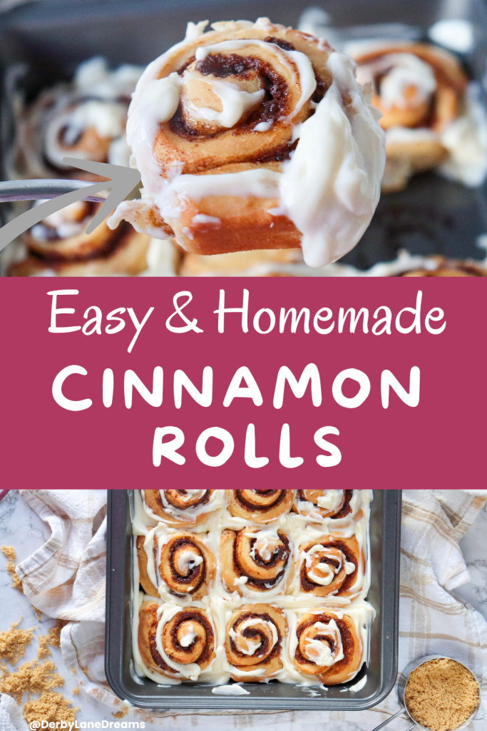 Pinterest Pin Cinnamon Rolls a close up of food