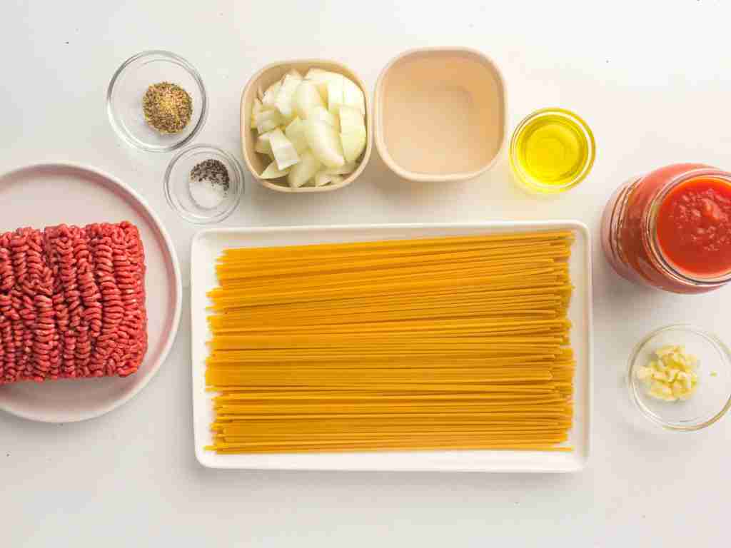Instant Pot Spaghetti Items a plate of spaghetti and ingredients