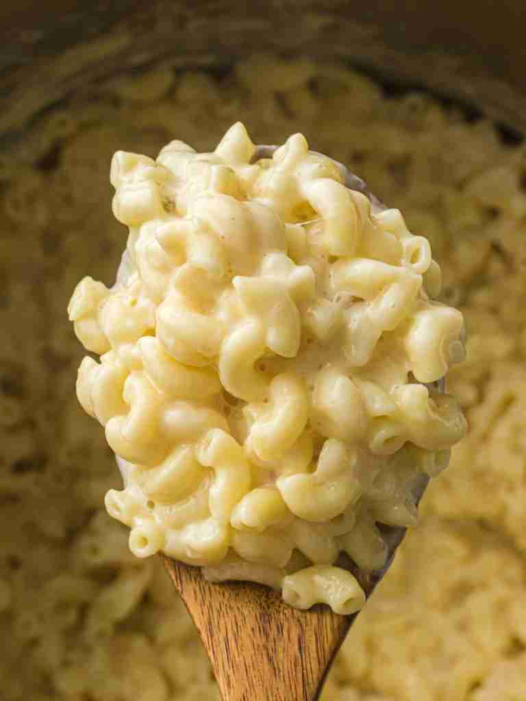Mac n cheese Creamy macaroni and cheese on spoon