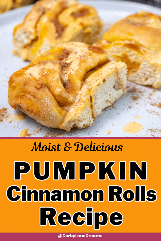 Pinterest Pin Pumpkin Cinnamon Rolls Pumpkin cinnamon rolls on a plate