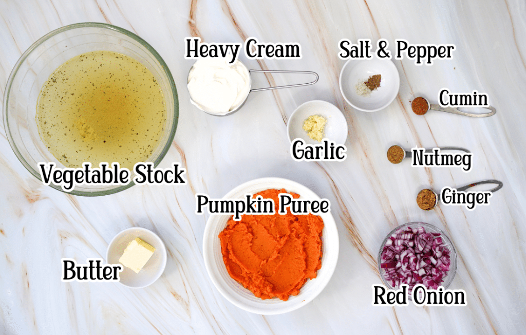 Creamy pumpkin soup ingredients Ingredients for pumpkin soup preparation