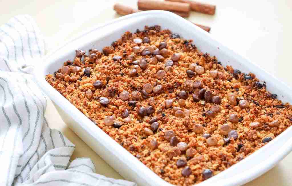 Delicious Pumpkin Crisp Pumpkin crisp dessert in a white container