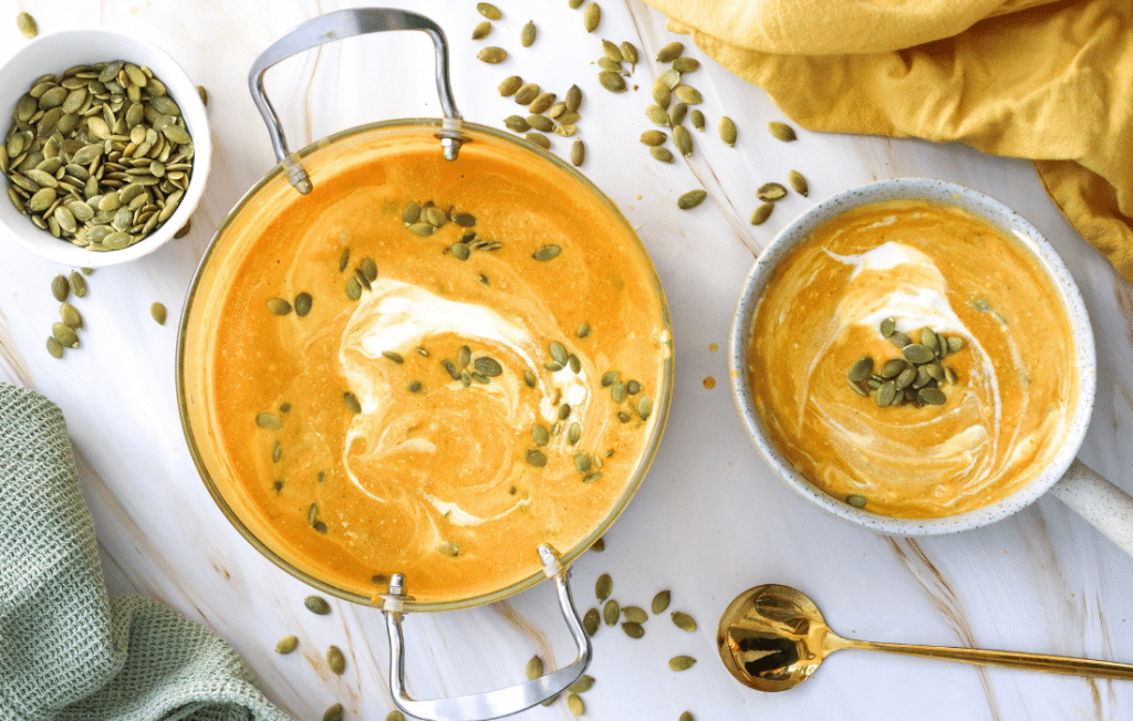 creamy pumpkin soup bowl Creamy pumpkin soup with toppings
