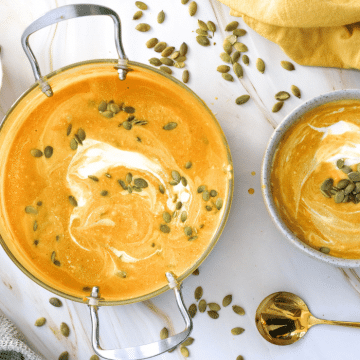 Creamy pumpkin soup with toppings
