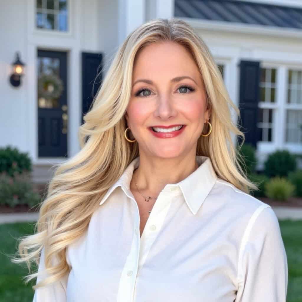Jen Shugart in front of her white house