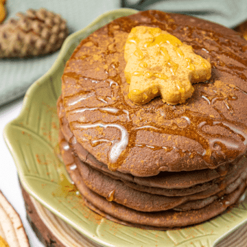 Stack of festive gingerbread pancakes