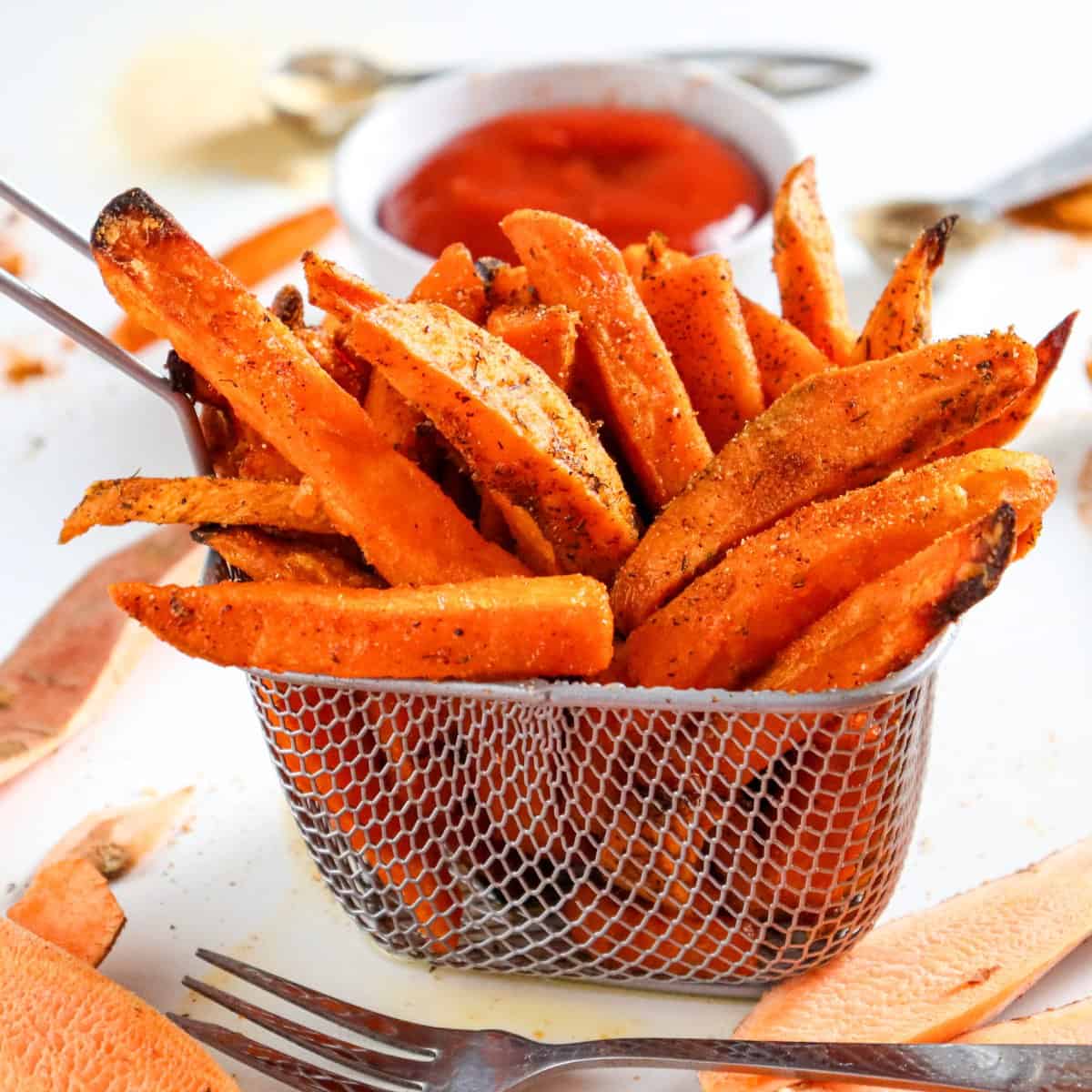 Sweet Potato Fries in a wire basket