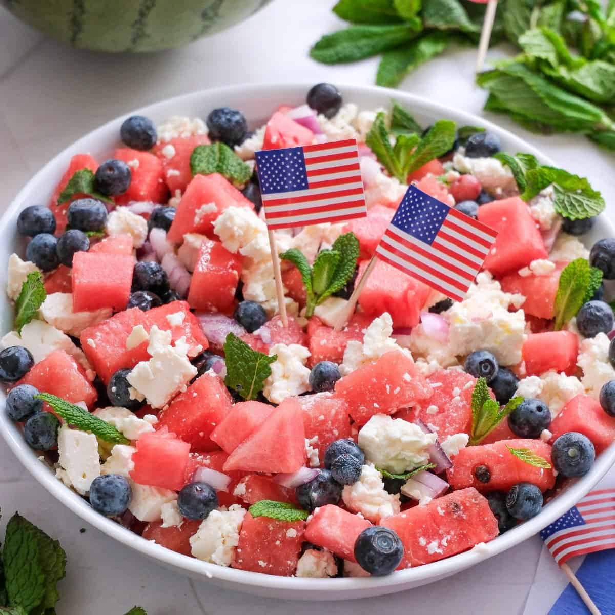 Watermelon Feta Salad in a white bowl