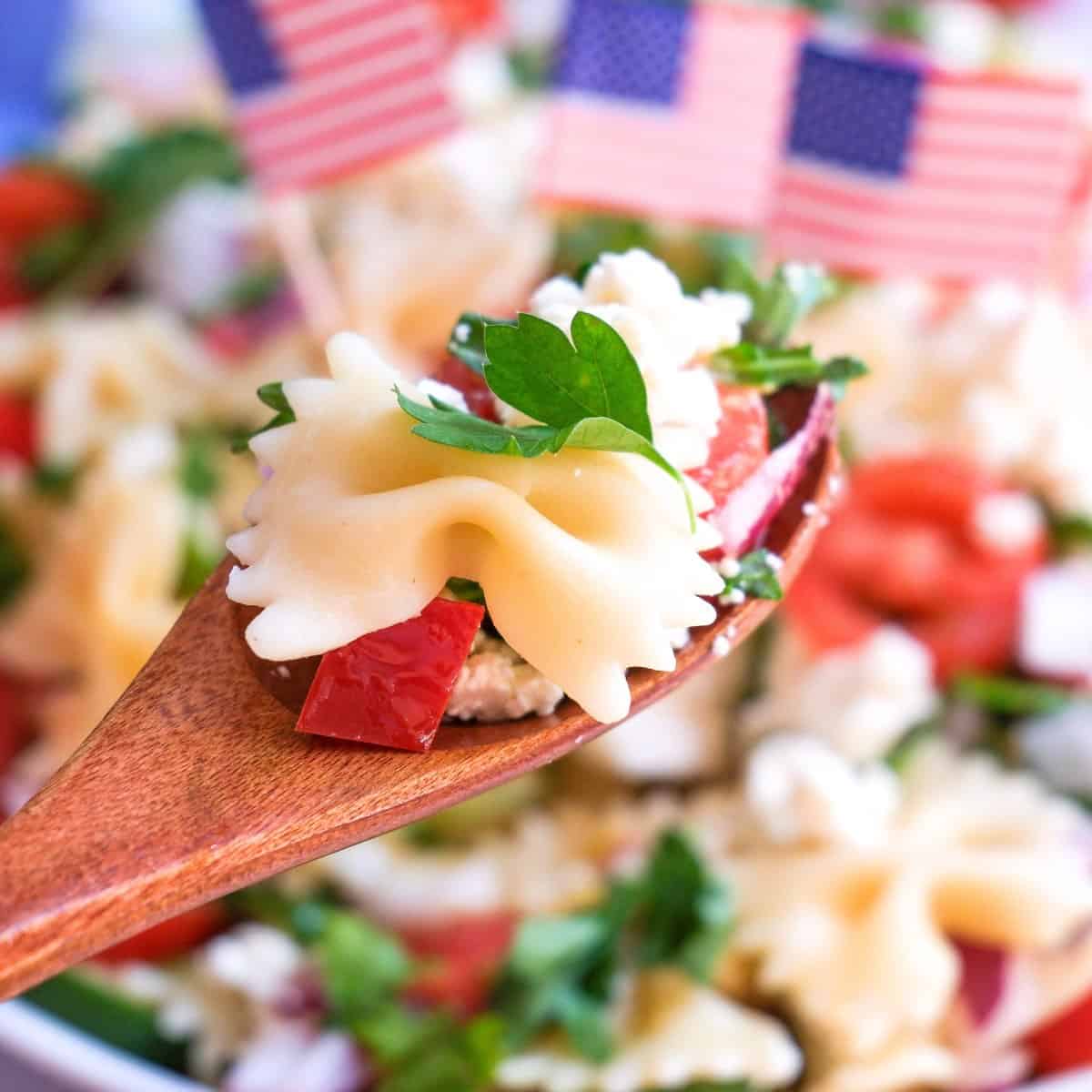 Pasta Salad on a wooden spoon