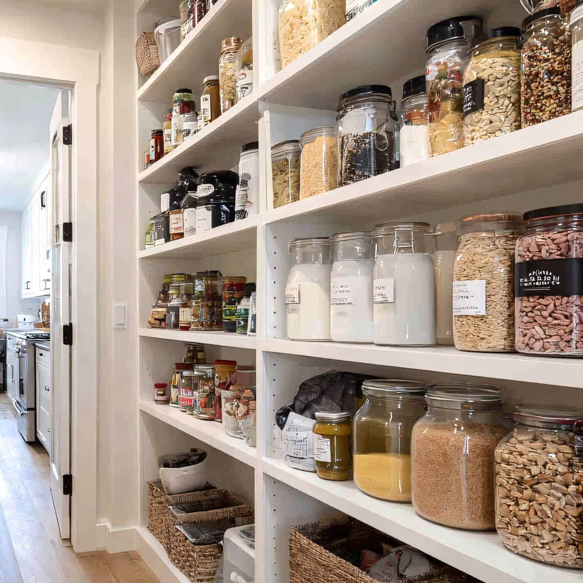 Pantry Staples to save money A white, organized pantry stocked with pantry items