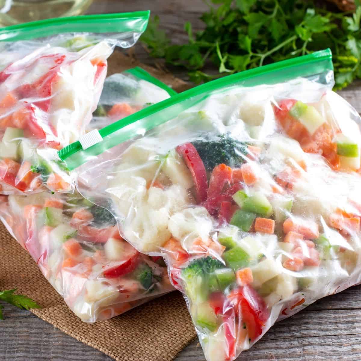 Freeze your vegetables flat in the freezer several ziplock bags of frozen vegetables