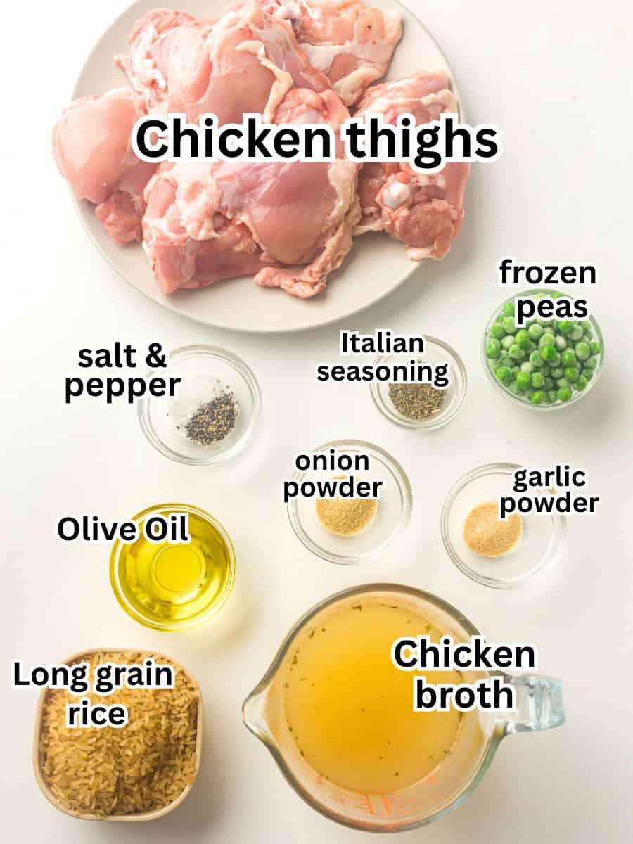 Chicken and Rice Ingredients Chicken and Rice ingredients labeled and with a white background