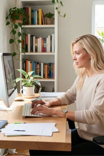 Is the Feast Plugin Worth It for Food Bloggers, woman working on her computer at home.