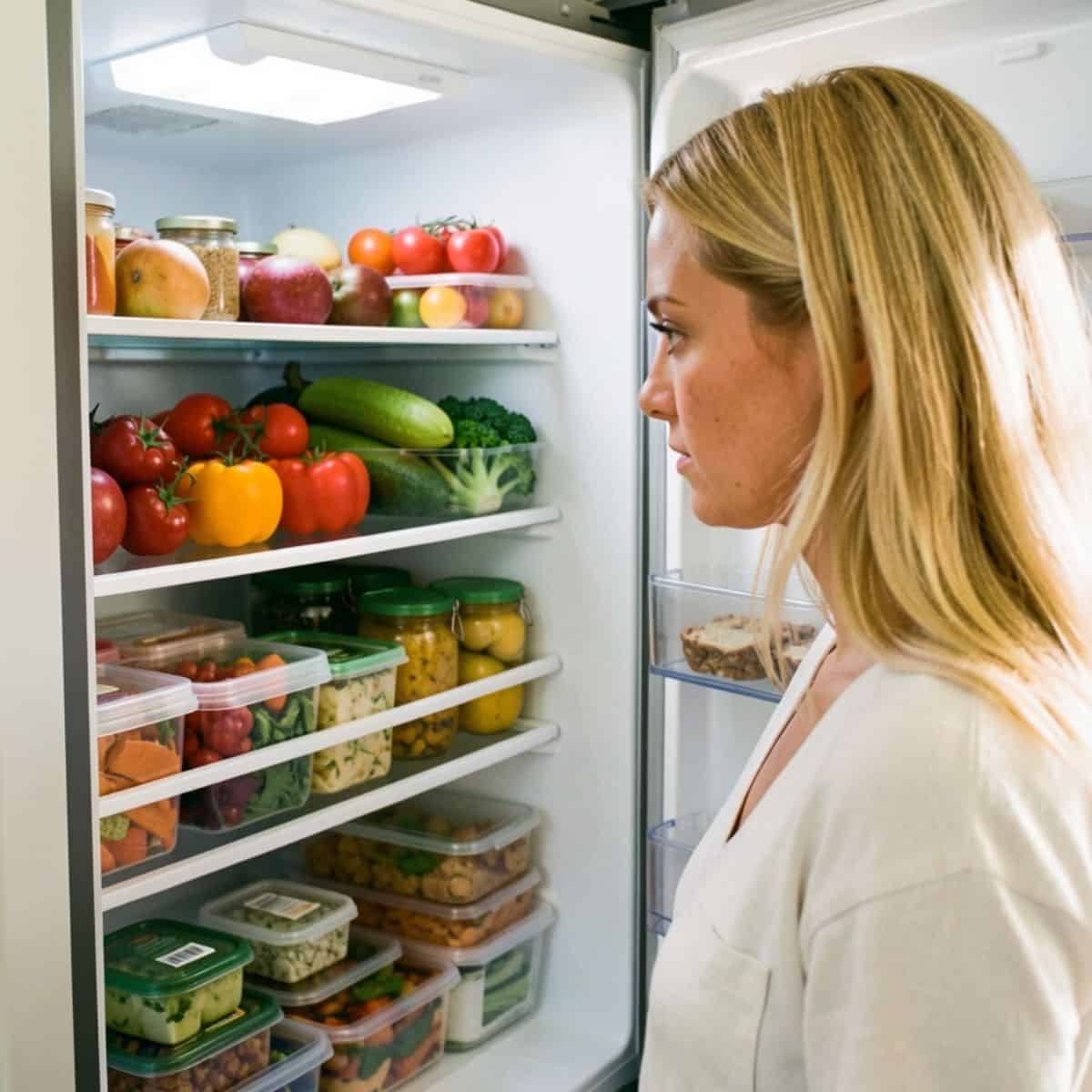 5 Simple Steps to Plan Family Dinners for the Week Woman looking into her refrigerator at produce and food.