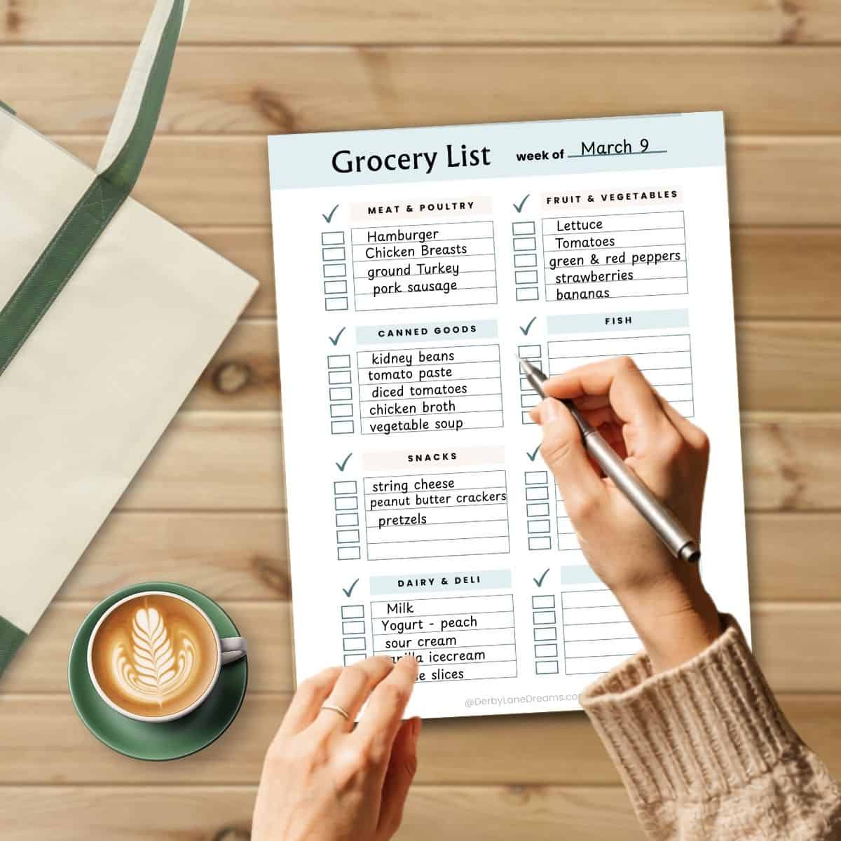 Make a simple grocery list for the week a woman's hands writing a grocery list on a table with a coffee cup.